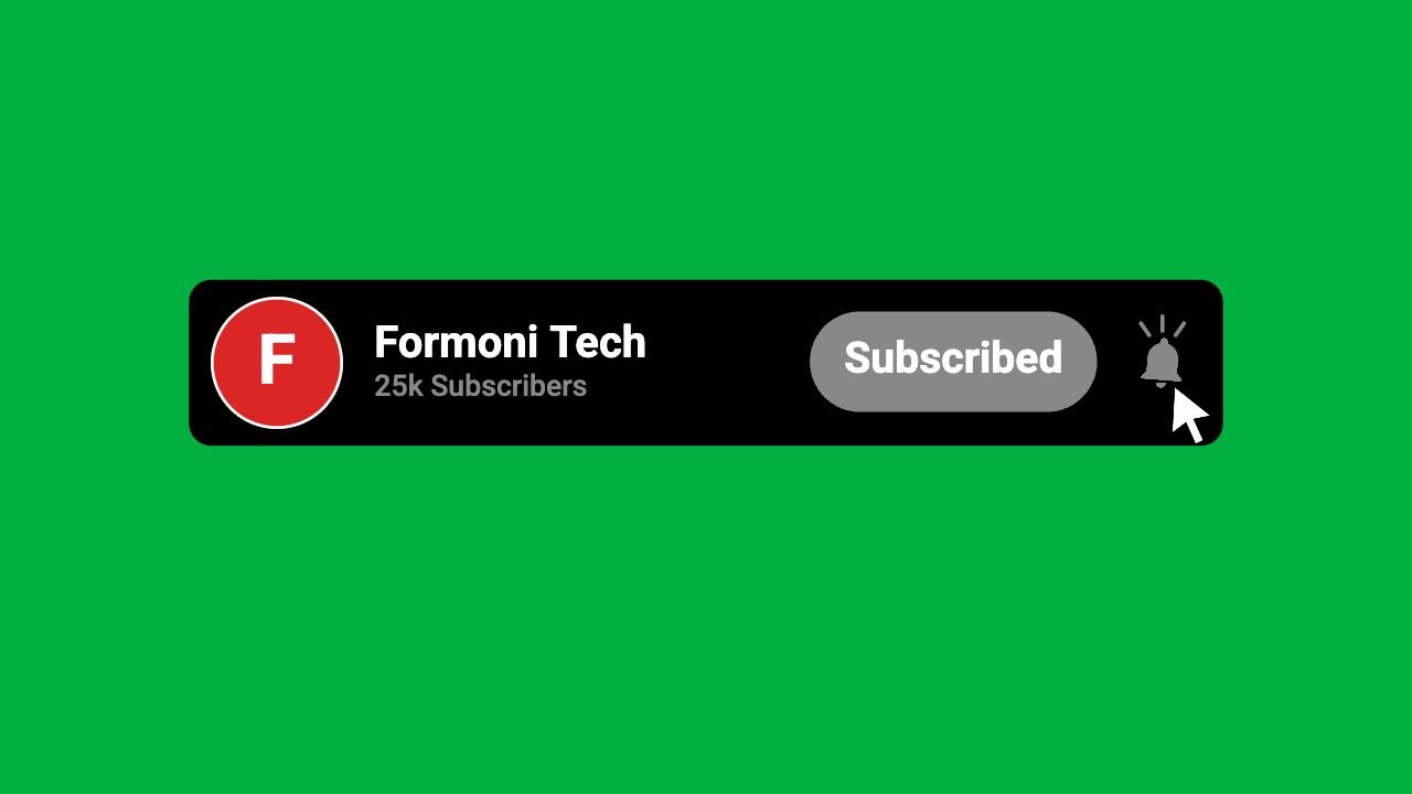 Green screen Subscribe button with channel name, logo, Subscribed button and bell